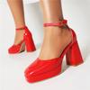 Women Patent Leather Ankle Strap Two-Piece Pumps Square Toe Chunky High Heels Buckle Lady Fashion Shoes Spring Autumn 46