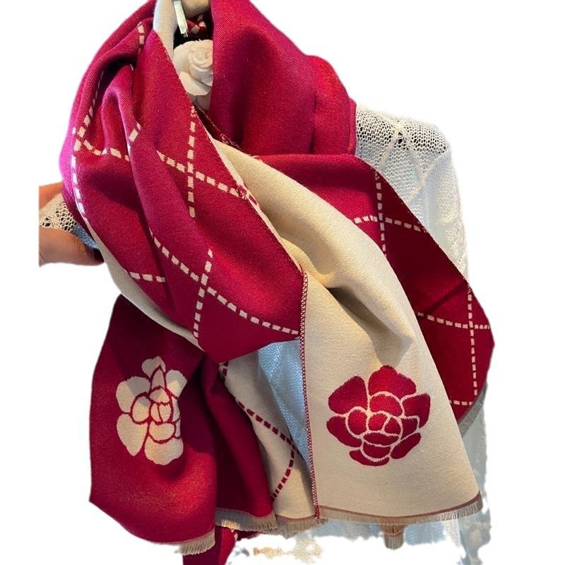 New Korean Celebrity Style Winter All Match Rhombus Flower Imitation Cashmere Scarf Shawl Dual Purpose Warm Scarf Women's Shawl