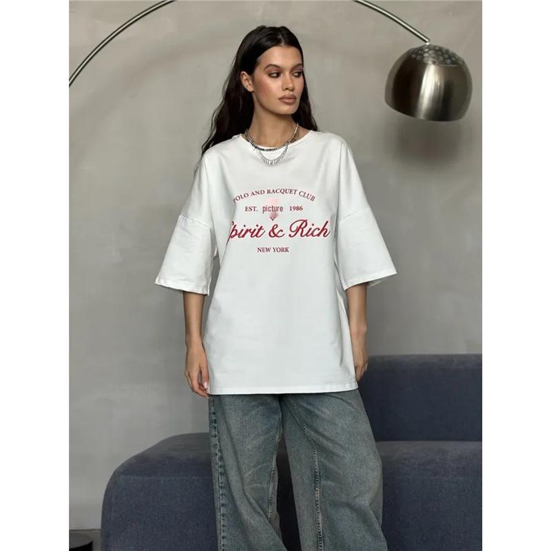 Luxury European and American Mid-Length Printed Summer T-Shirt, 2025 Trendy Short-Sleeve Style