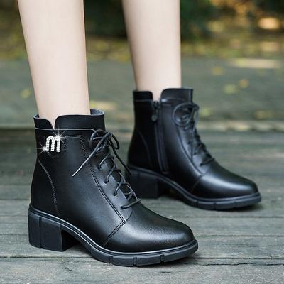 Модные удобные высококачественные мягкие кожаные ботинки на молнии для женщин 2024 года, зимние ботинки на шнуровке, толстые каблуки, бархатные нескользящие ботинки из хлопка