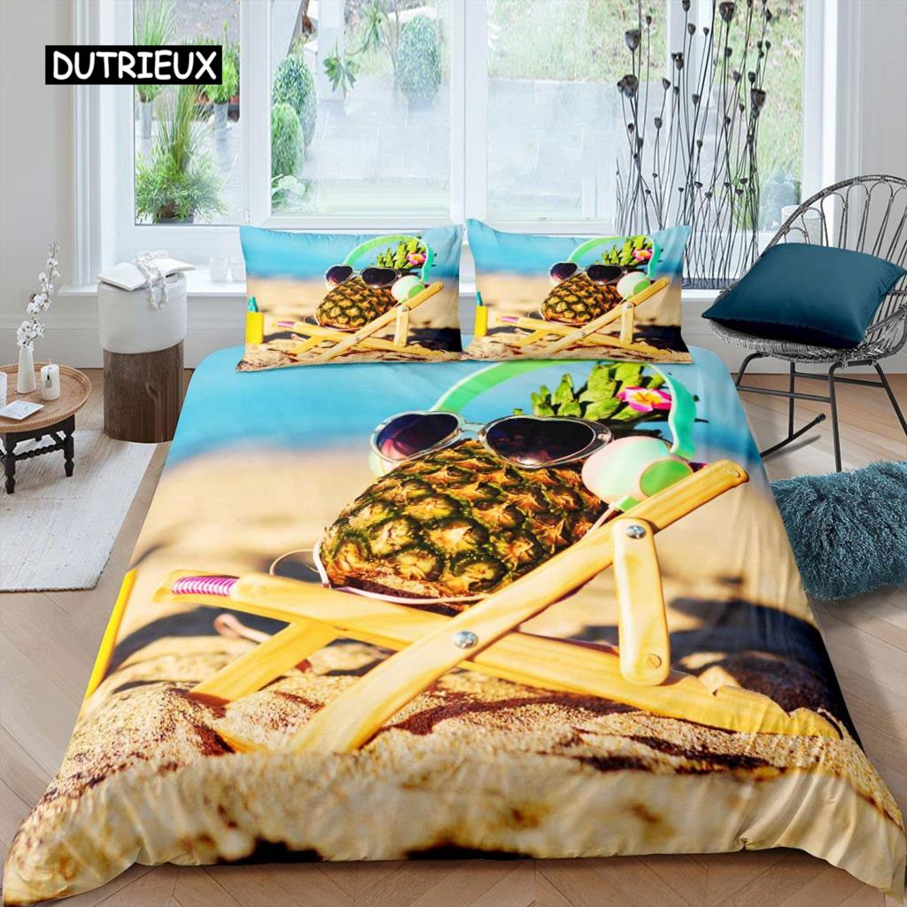 Комплект постельного белья с рисунком ананаса, размер King, желтый, геометрический, с рисунком ананаса, наволочка с принтом фруктов и морем