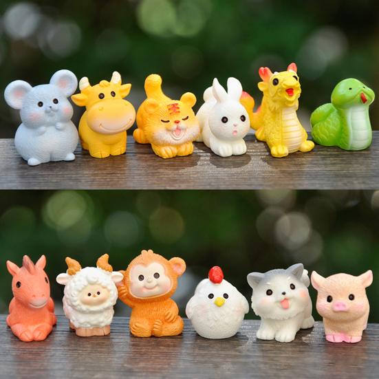 Mini Chinese Zodiac Animal Statue Colorful Resin Dragon Rabbit Miniature Figurine Cute Zodiac Ornament Home Decor