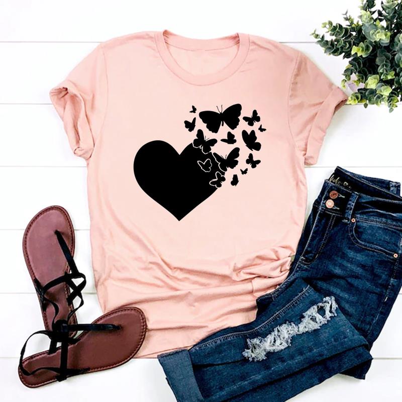 (Азиатский размер)Футболка в стиле Love Heart Butterfly, повседневная женская футболка с коротким рукавом и принтом, женская модная футболка, женская футболка с графическим рисунком