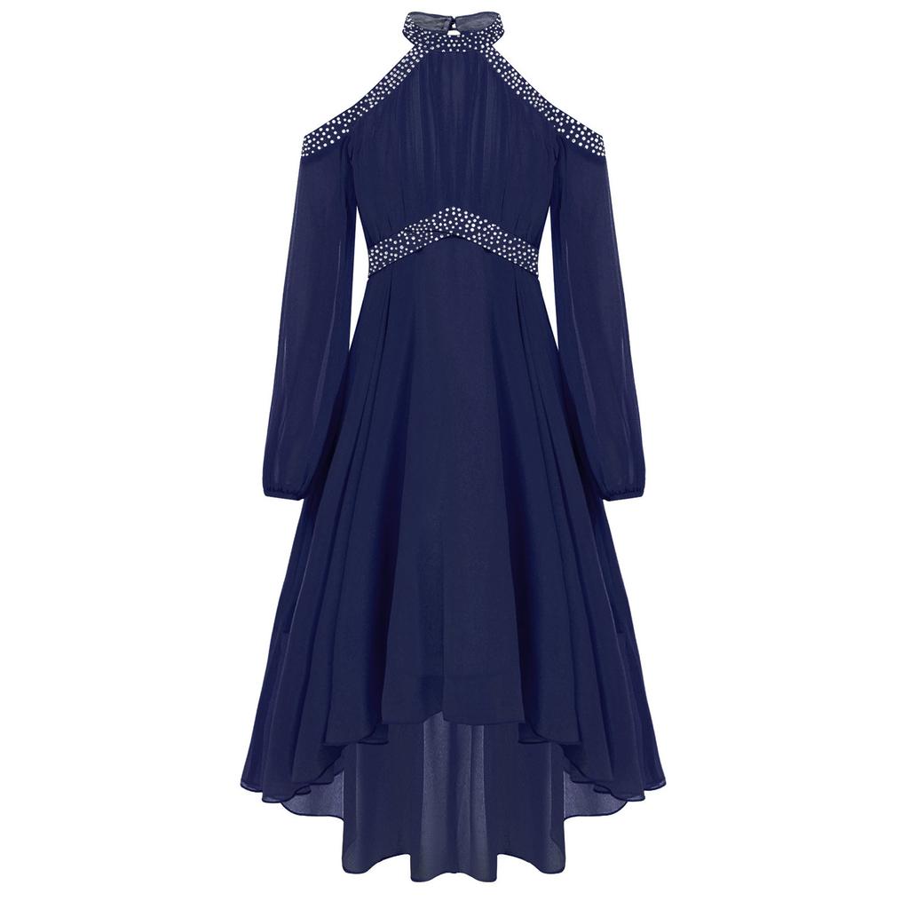 Girls Elegant Party Gown Halter Off Shoulder Long Sleeve High Waist Ruffled Irregular Hem Fake Diamond Design Dress