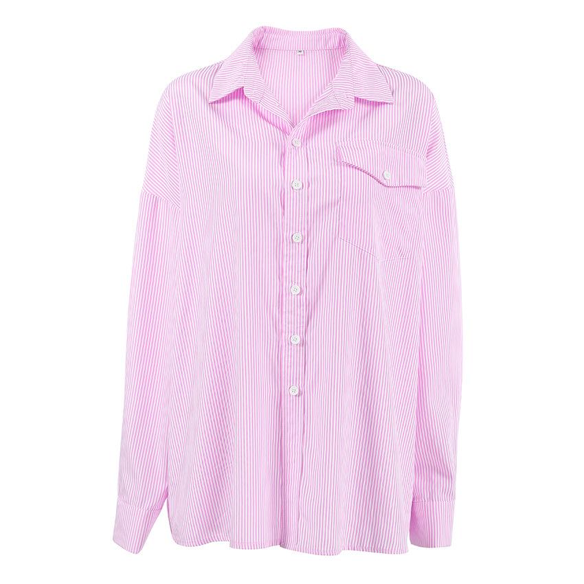 European and American fashion versatile pink striped shirt women's spring and summer design sense casual loose cotton shirt top women's clothing