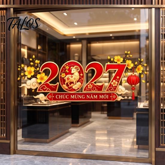Lunar New Year Storefront Decor 2027 Vietnamese Window Cling, Sheep PVC Glass Festive Home Accents Sticker, Decorative Stickers for Shop Holiday Party