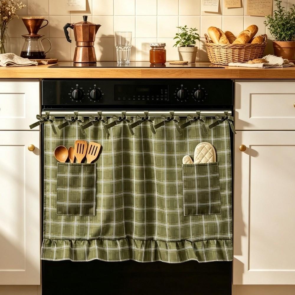Pastoral Style Oven Skirt Curtain with Pocket Tie Top Stove Cover Hidden Curtain Open Vanity