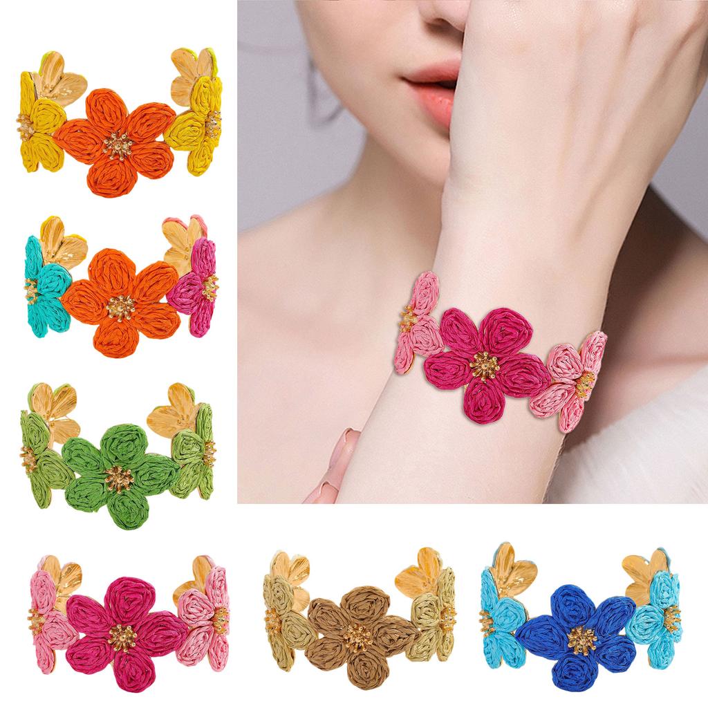 Браслет ручной работы из рафии и сплава с цветочным узором, легкий, в богемном стиле, элегантный аксессуар для запястья на каждый день