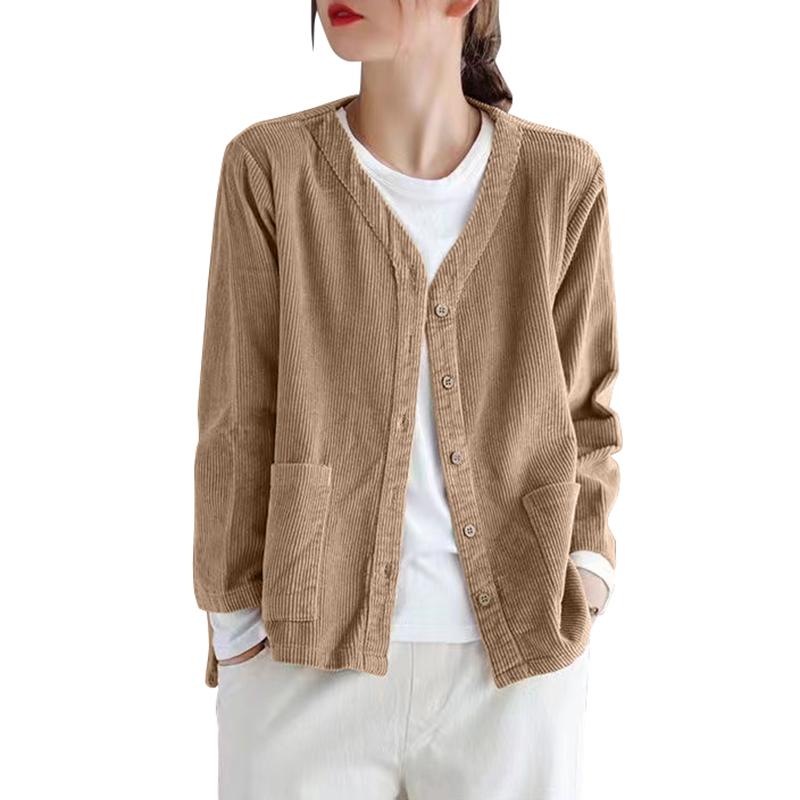 Весенне-осенняя женская вельветовая тонкая секция с V-образным вырезом повседневная куртка короткая рабочая куртка