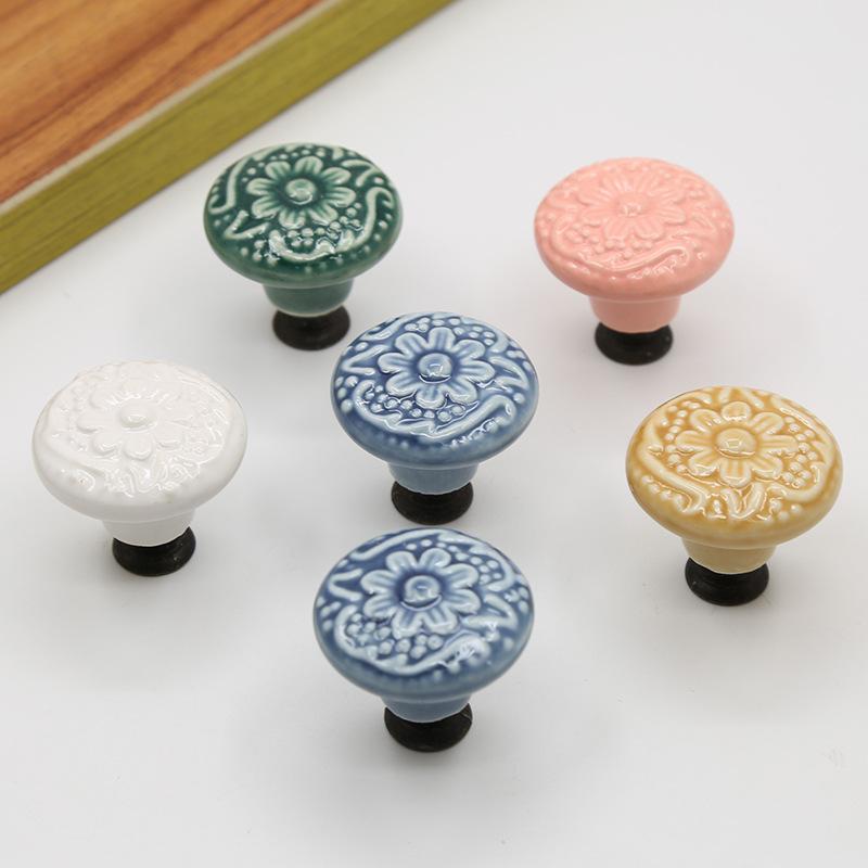 Ceramic Cabinet Drawer Door Knob Cupboard Wardrobe Embossed Round Pull Handle with 25mm Screw
