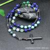 Lapis Lazuli Mixed Stone Rosary Necklace – Stainless Steel Cross Pendant, Wisdom Protection Gift for Men Women