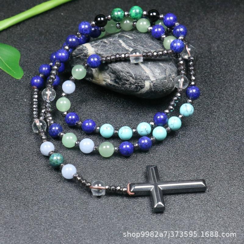 Lapis Lazuli Mixed Stone Rosary Necklace – Stainless Steel Cross Pendant, Wisdom Protection Gift for Men Women