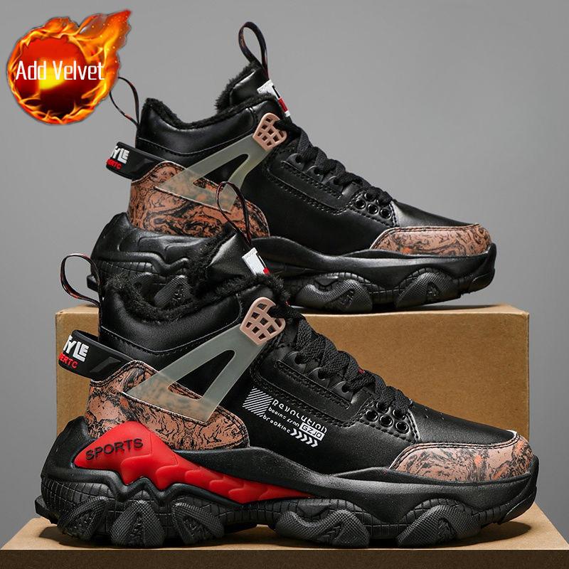 Мужские Новые Высокие Кроссовки на Флисе в Стиле "Dad Shoes" На Шнуровке Теплые Повседневные Универсальные Молодежные Студенческие Спортивные Хлопковые Зимние Обувь Мода