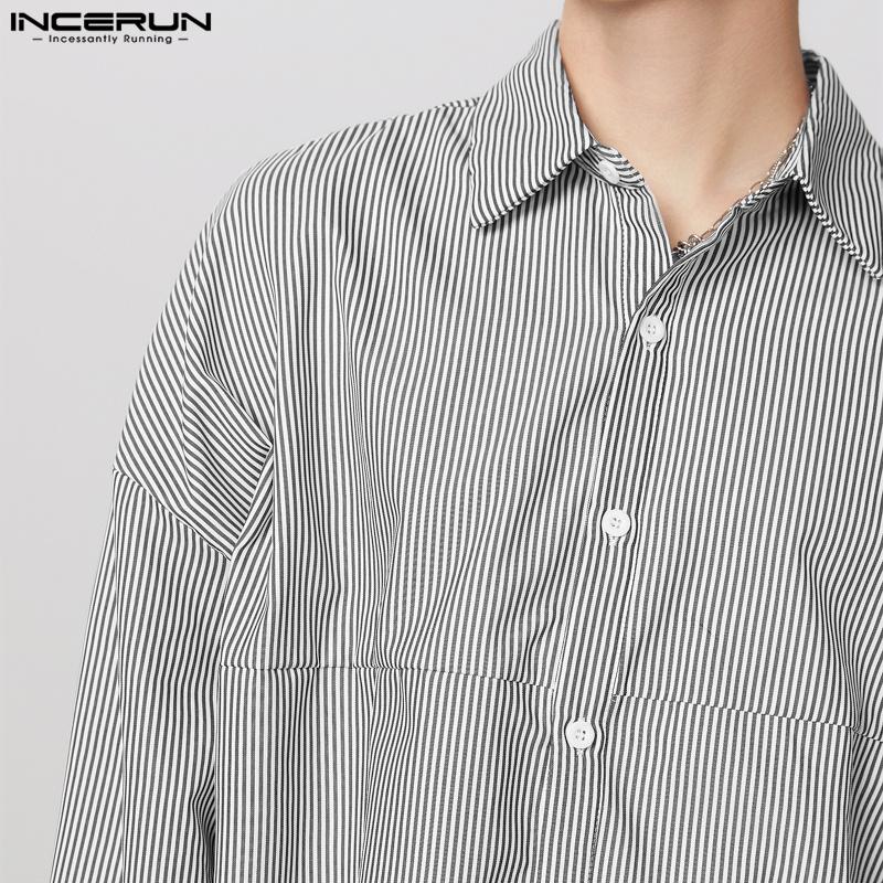 INCERUN Мужские рубашки с лацканами, длинными рукавами, в полоску, повседневные, на пуговицах