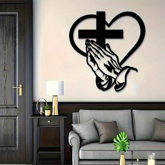Praying Hands Wall Sign Christian Heart Metal Wall Art Sign Black Finish Religious Decorative