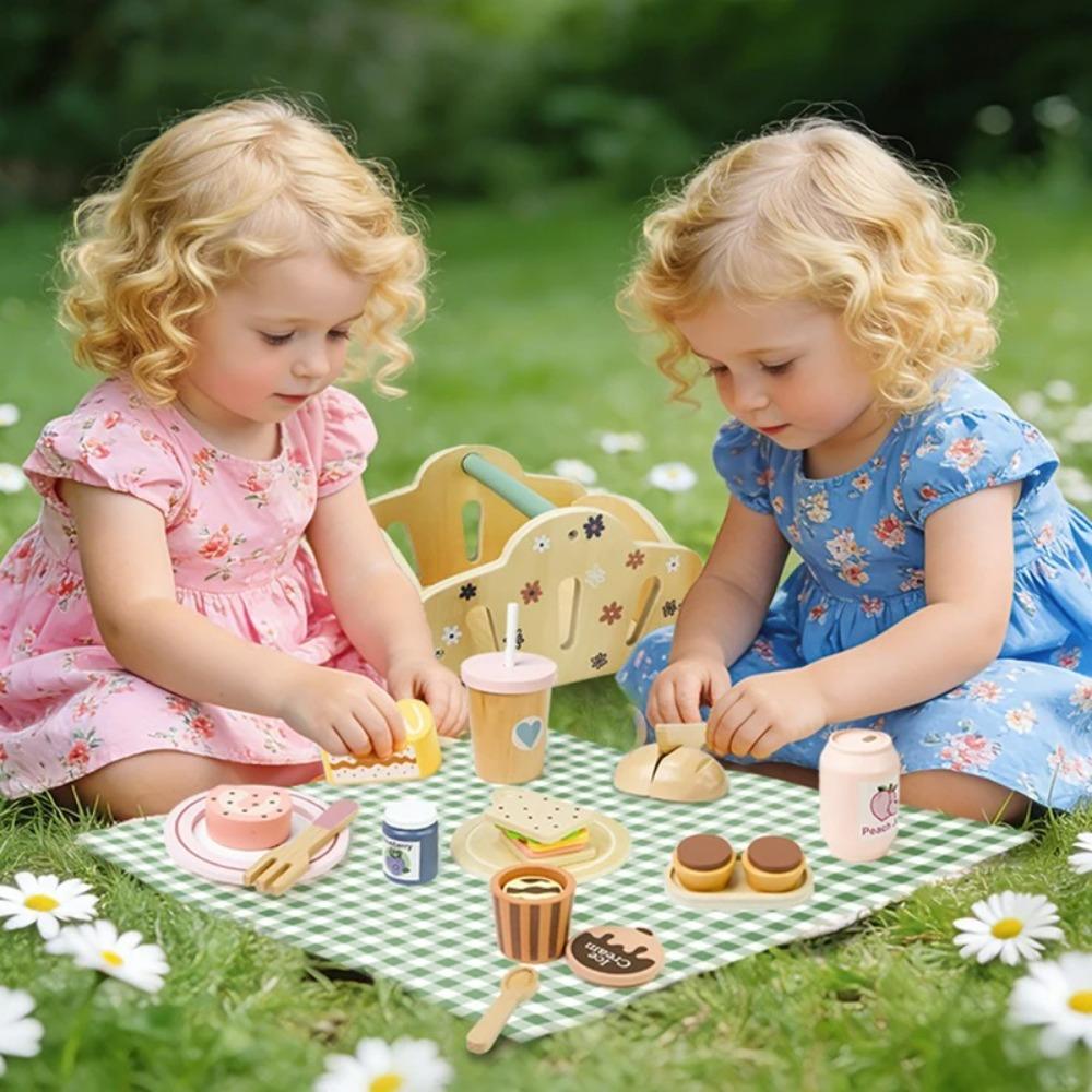 Picnic Basket Hand-held Basket Pretend Play Toys Children's Wooden Simulation Tableware Set Girls' Toys Desserts and Cakes