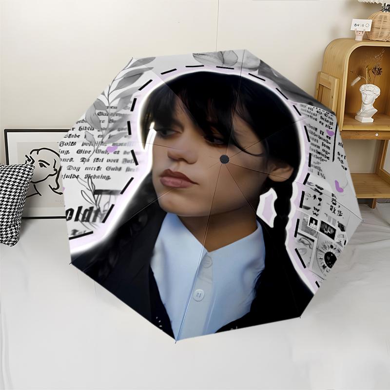 Wednesday Addams Print Automatic Umbrella, 8 Rib Iron Frame, Plastic Handle, Suitable for Outdoor Travel &Daily , Ideal Gift