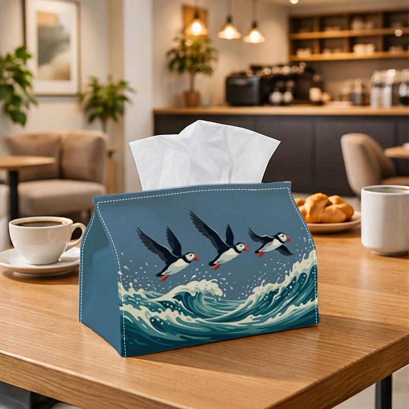 1pc Japanese Ukiyo- Tissue Box with Ocean Wave & Puffin Bird - Traditional Japanese Art Napkin Holder Suitable for Rolls/Facial Tissues, Storage Organ