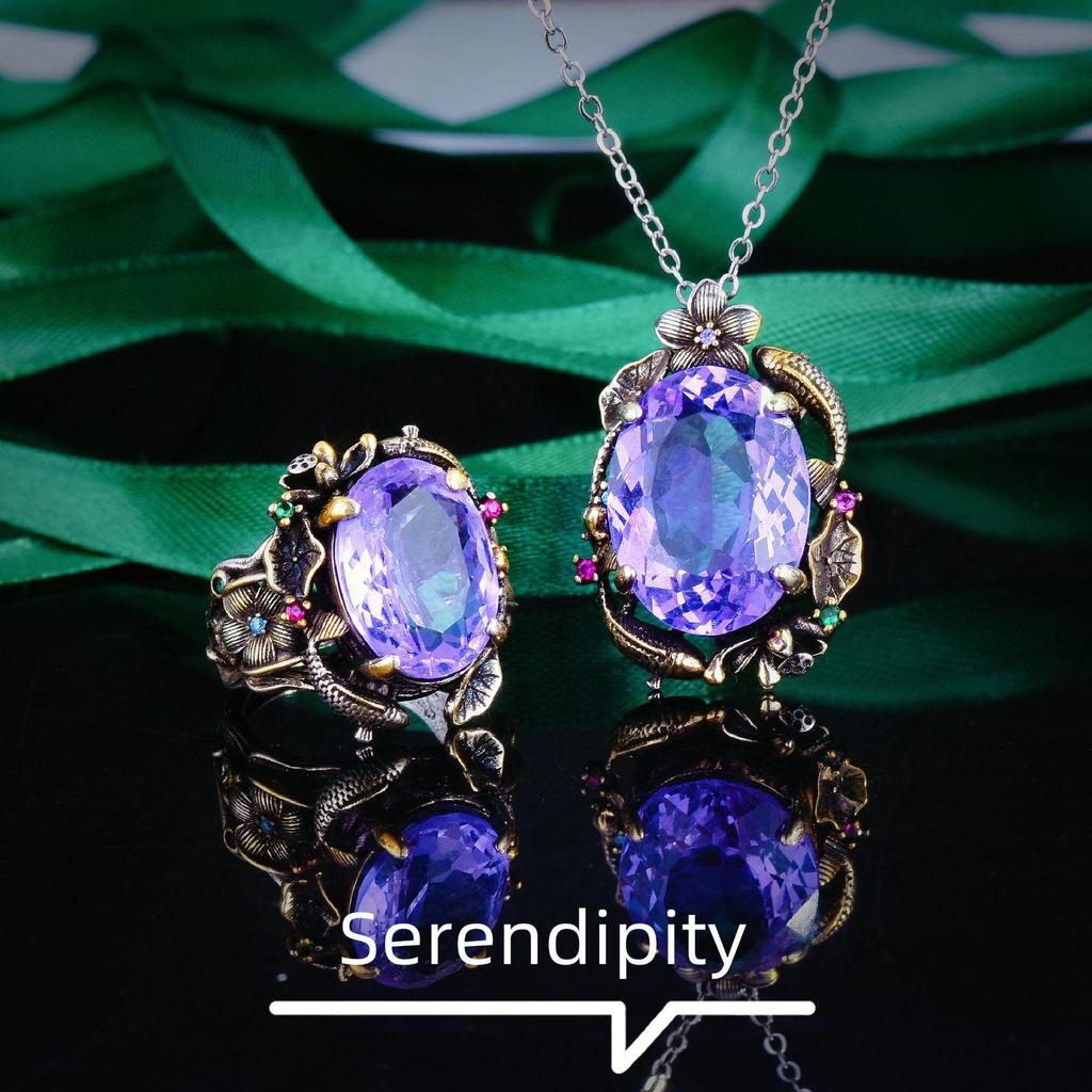 Итальянский ретро-филигранный комплект украшений «Двойная рыба-лотос»: Браслет «Листья лотоса», подвеска с драгоценными камнями, серьги и кольцо.