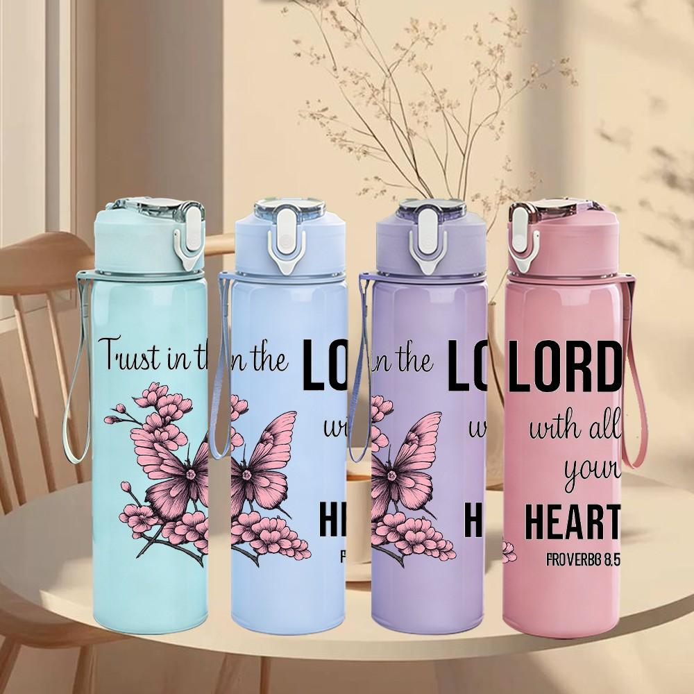 1PC Trust In The Lord Butterfly Art 750ml Color Plastic Sports Water Bottle Leakproof Flip Straw Lid Suitable for Sports Office Home Use