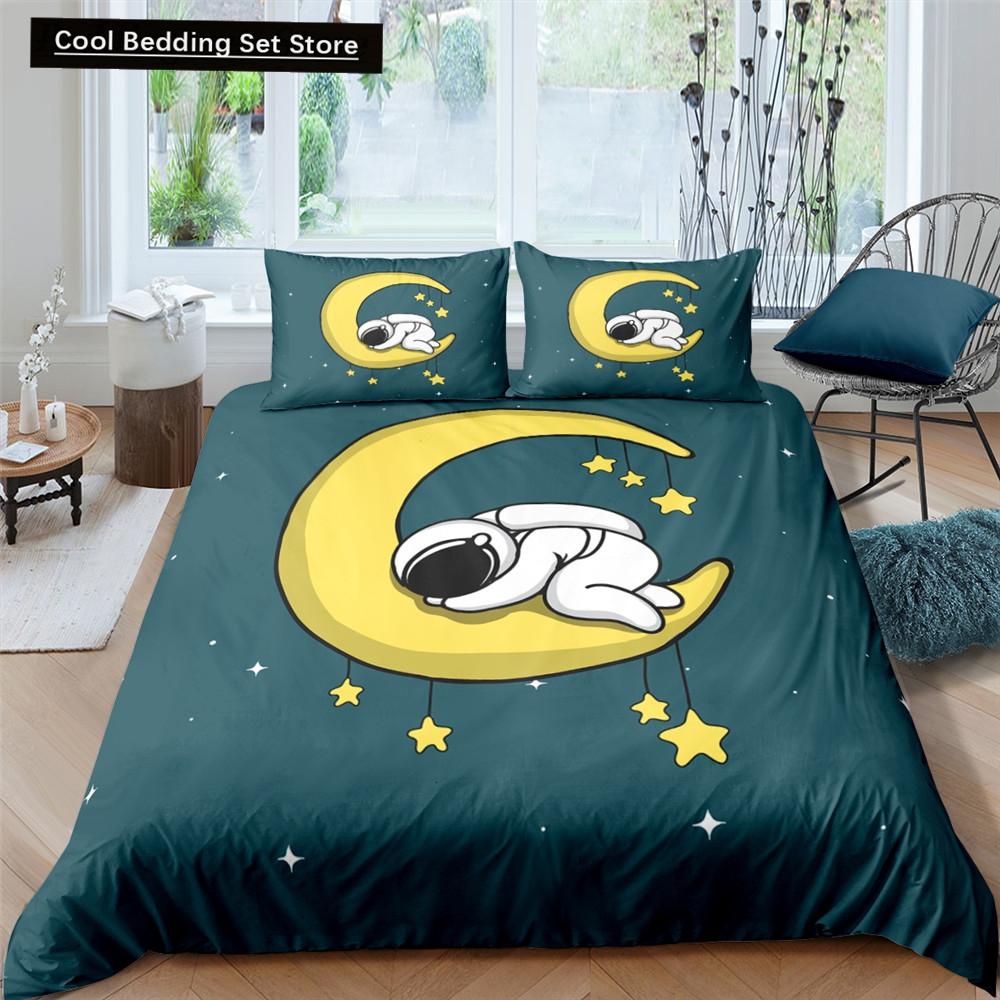 Cartoon Astronaut King Queen Duvet Cover Kawaii Spacecraft Bedding Set for Kids Outer Space Blue 2/3 Pcs Polyester Quilt Cover