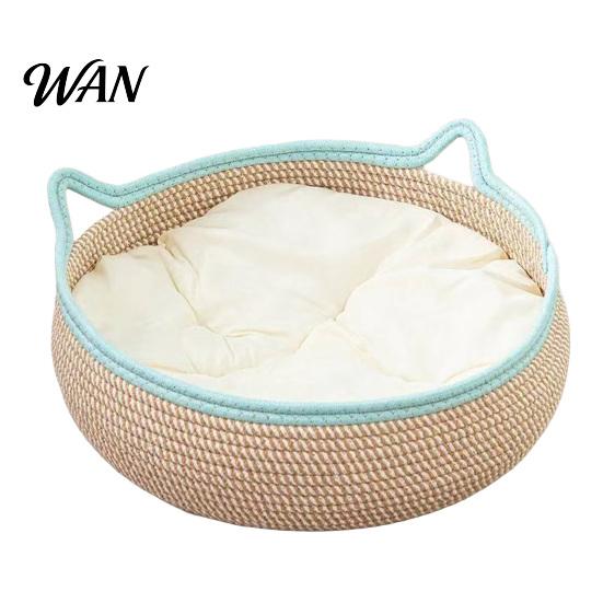 All Season Cat Bed Basket with Cushion Cotton Rope Handwoven Pet Spacious Breathable Ear for Indoor Cats Stretch Space