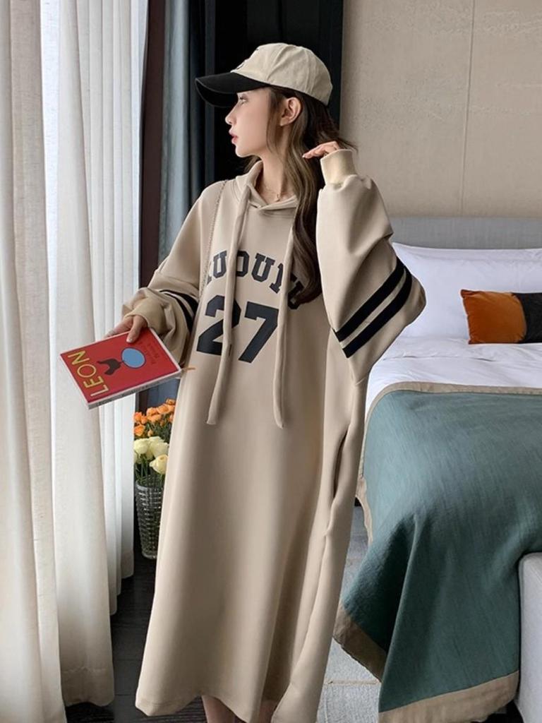 Korean Style Hooded Sweatshirt Dress: Women's Plus Size, Long, Loose Fit, Fall 2024 Collection