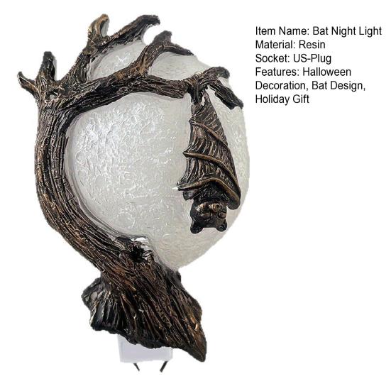 Halloween Inverted Bat Night Light Gothic Moon Tree Hanging Bat Plug-in Light Statue Holiday Party Bedroom Wall Outlet Bat Decorative Lamp