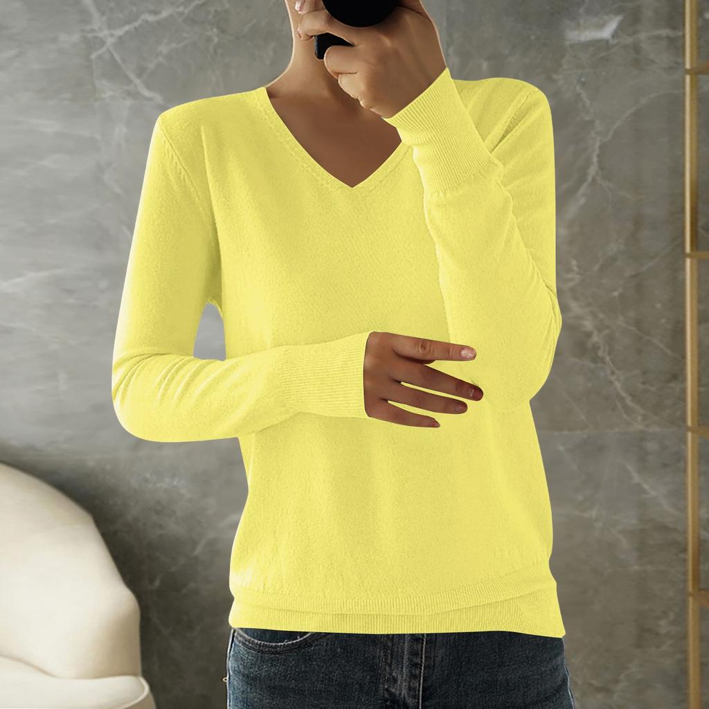 Women's Fashion Loose Knit Sweater Bottom Shirt V-Neck Pullover Long Sleeve Solid Color Top