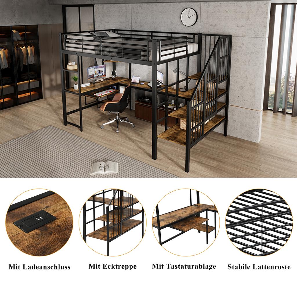 Bed, loft bed, charging port, comfortable and safe corner staircase, desk area with keyboard tray and storage, iron + MDF, black + dark, 120x200cm