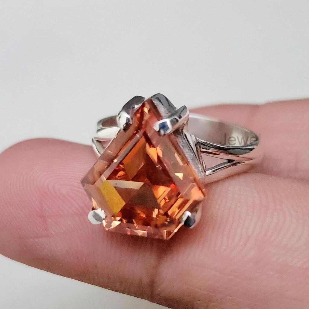 Prong Set Diamond Shape Peach Morganite Quartz 925 Sterling Silver Ring Ring Jewelry