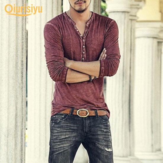 Men Solid Color Casual V Neck Thin Buttons T-shirt