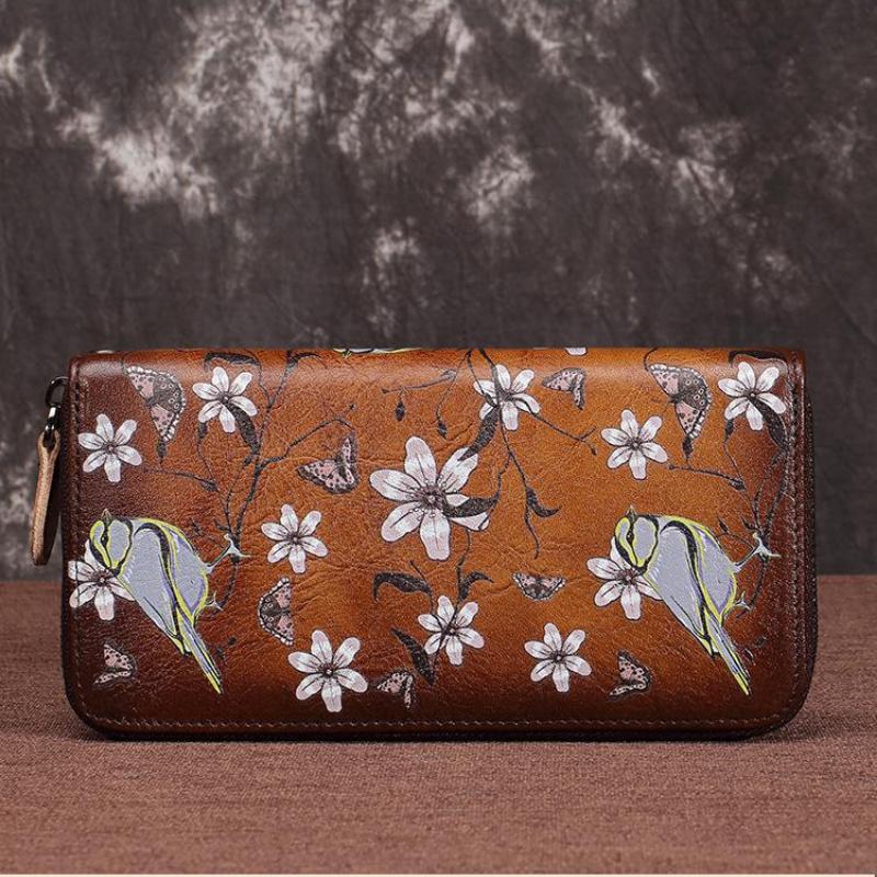Johnature Retro Hand Painted Womens Wallets And Purses Genuine Leather Phone Purse Wallet Card Holder Hand Wallet