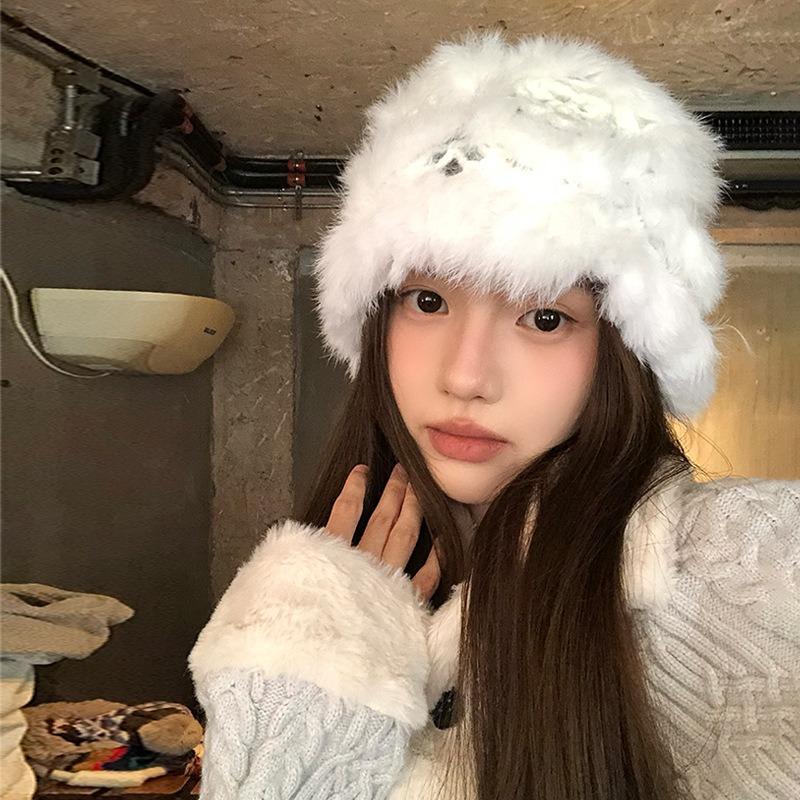 Women Winter Thick Warm Knit Fisherman Hat White Rabbit Fur Small Face Cap