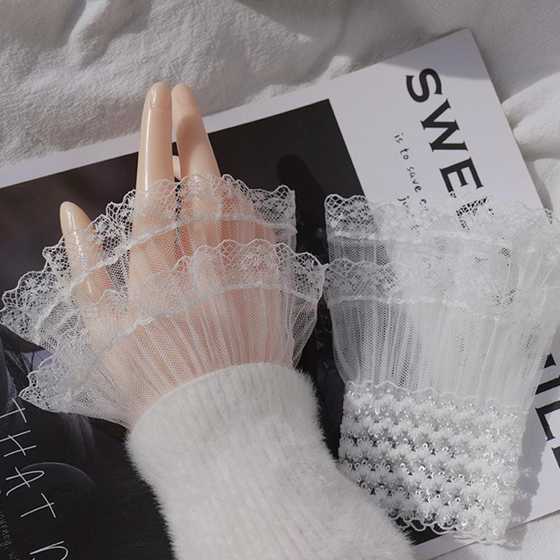 Double Layered Flared Ruffled Wrist Sleeves Fake Cuffs Ornaments Black White Detachable False Sleeves For Shirt Sweater