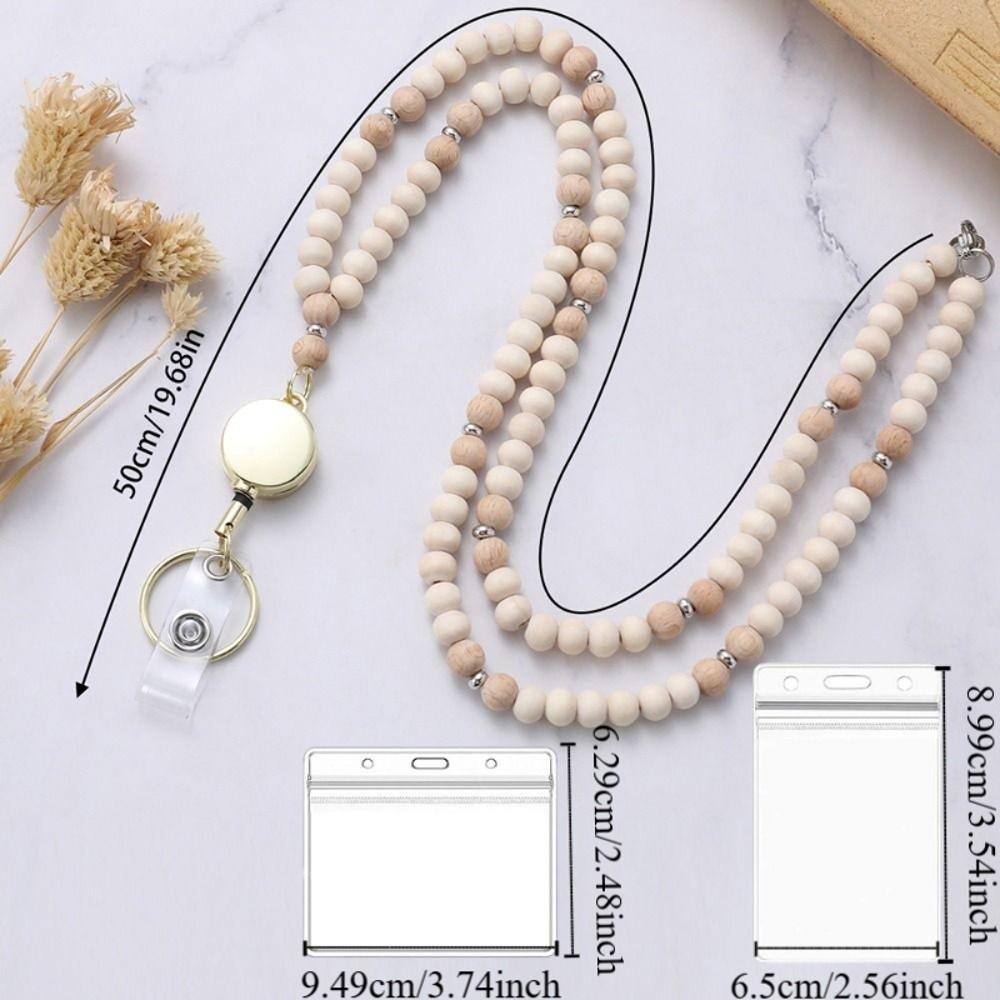 Выдвижной держатель для бейджа на шнурке, застежка из нержавеющей стали, бусина из натурального дерева, бохо-брелок-ожерелье с 2 держателями для карт