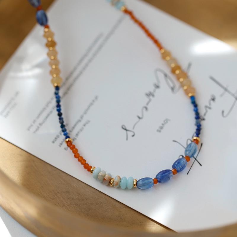 Ожерелье из лазурита в дунхуанском стиле: Синяя и оранжевая тушь в китайском стиле, цепочка на ключицу