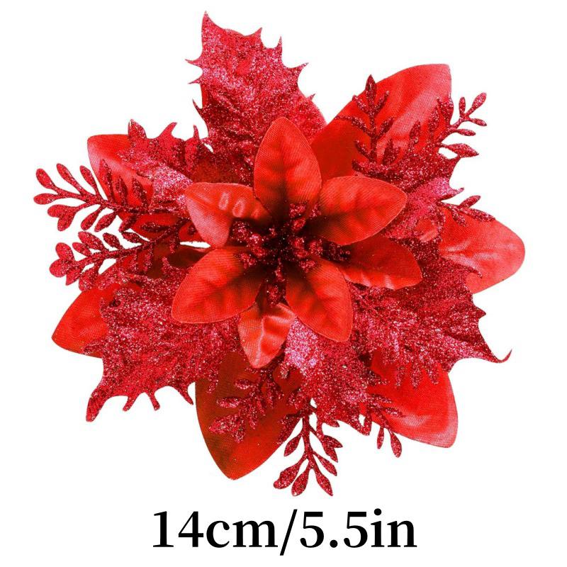 Glitter Artificial Poinsettia Flowers Christmas Tree Ornament Home Decor Sparkling New Year's Xmas Festive Flower Heads