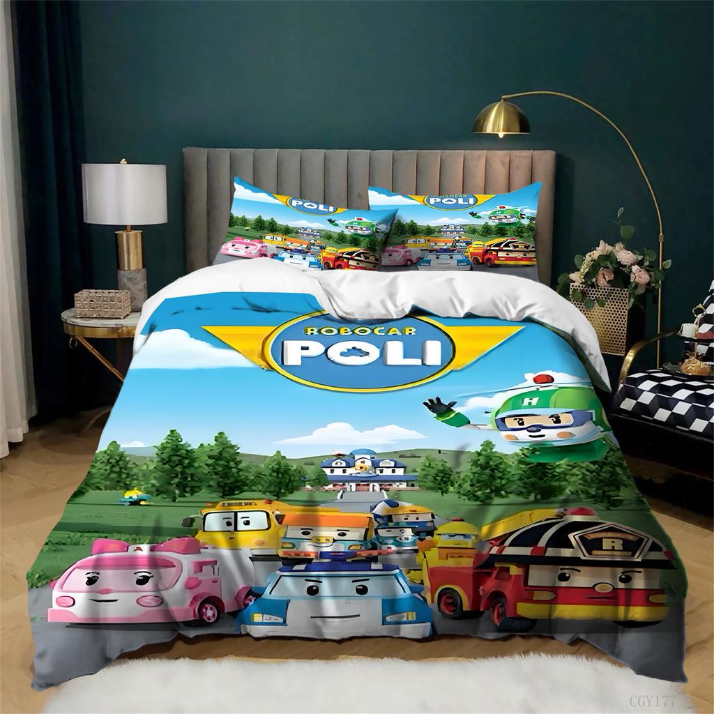 3pcs Robo-car Poli Bedding Duvet Cover Set All Season Lightweight Bedding Set Cartoon Comforter Set for Boys Girls