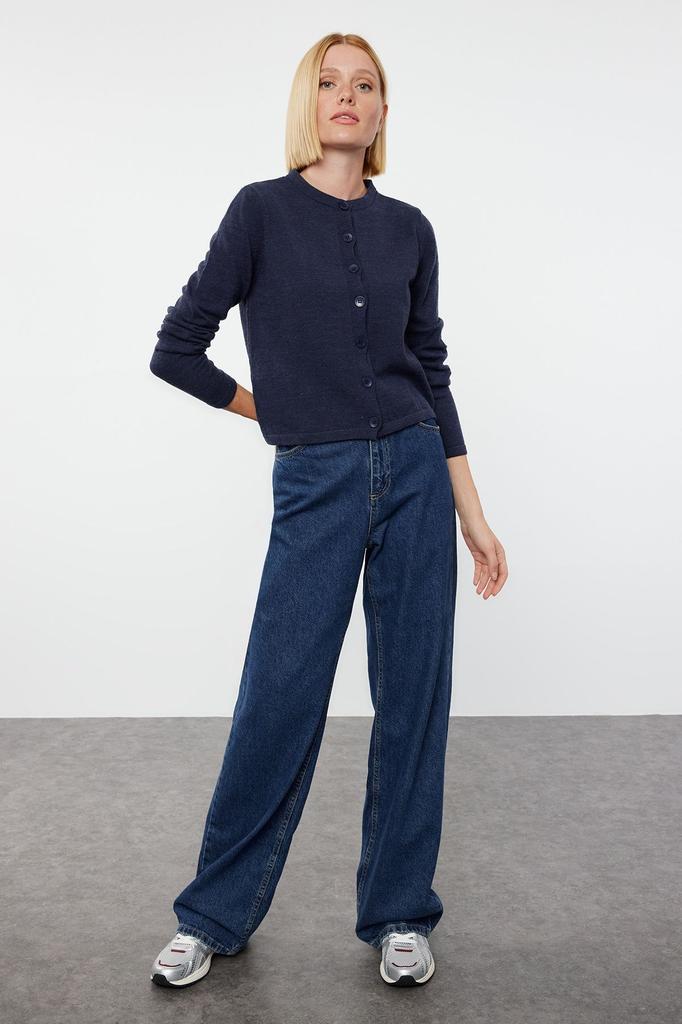 Women's Elegance Style Cardigan Navy Blue Woolen Jacket Look Knitwear Cardigan