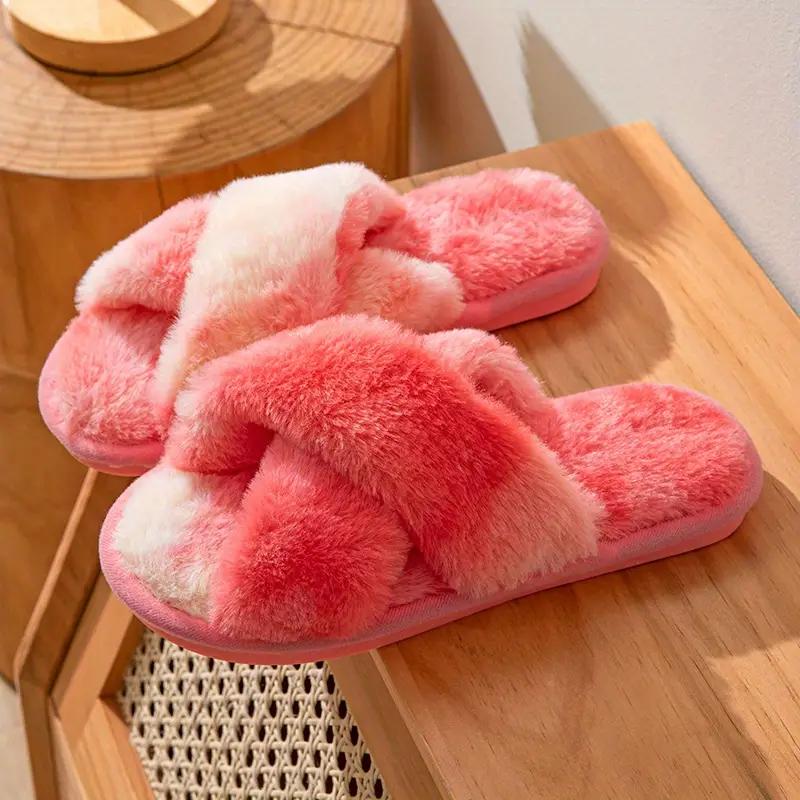 Women's Tie Dye Plush House Slippers, Warm Open Toe Slip On Shoes, Women's Cross Strap Flat Shoes