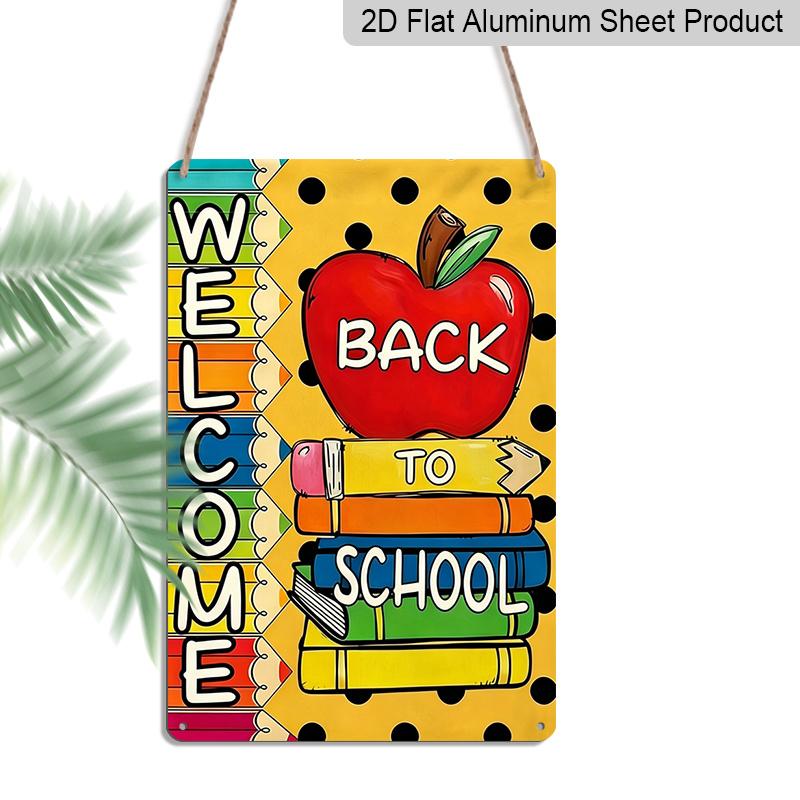 2D Flat, 1pc "Welcome Back To School" Metal Wall Art Sign with Apple & Colorful Pencils - 8*12 Inch Aluminium Classroom Decor, Polka Dot & Rainbow