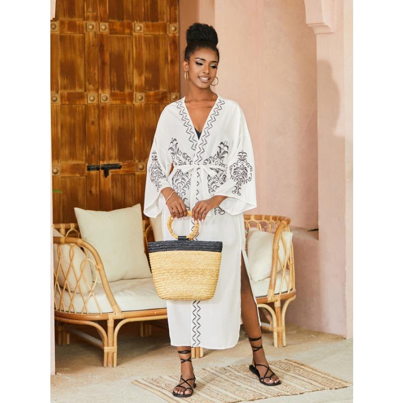 Женская мода весна осень длинные рукава V-образный вырез высокая талия повседневные платья