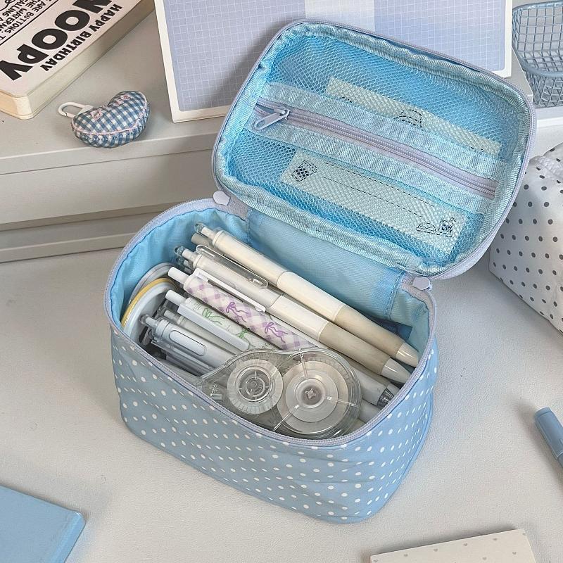 Dot Patterns Portable Pencil Case Large Capacity Double Zipper Storage Bag for Daily Makeup Travel Stationery Organization
