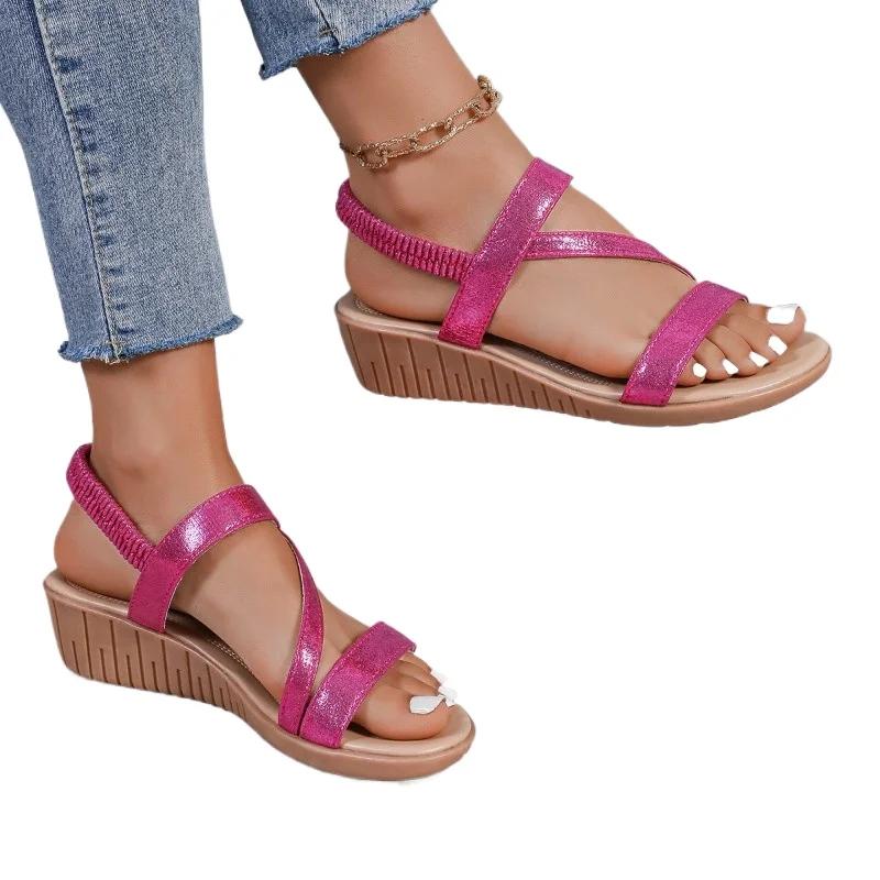 2024 Высококачественная обувь для женщин, женские сандалии с эластичной резинкой, летние повседневные сандалии, женские босоножки на танкетке с открытым носком, большие размеры, женская обувь