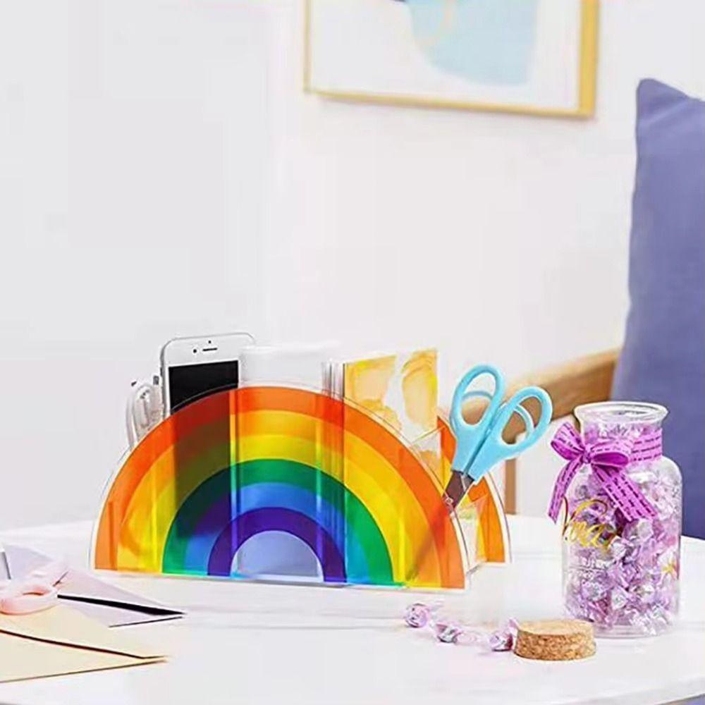 Acrylic Rainbow Pen Holder with 5 Grids Stationery Organizer Stand  Desktop