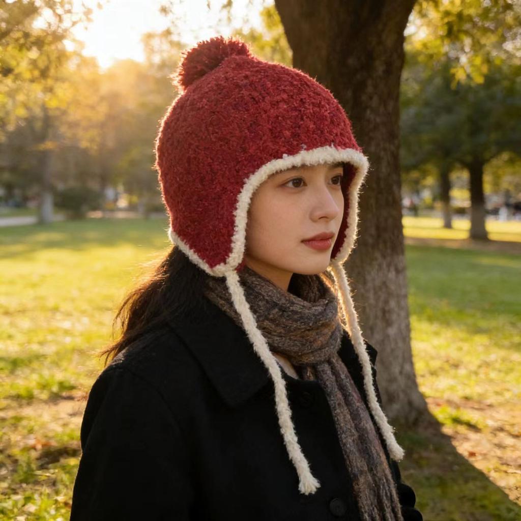 Korea autumn and winter cute versatile knitted hat headband hat women's ear protection warm windproof lace-up pullover wool hat