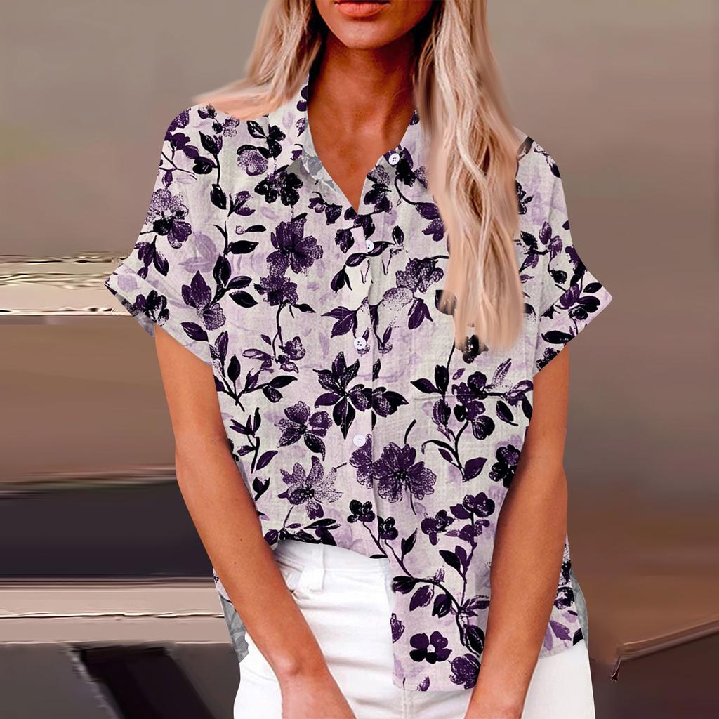Женская модная свободная повседневная рубашка с коротким рукавом и отворотом на пуговицах, футболка с принтом, топ