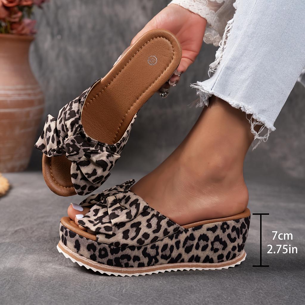 Women'S Stylish Leopard Print Wedge Sandals with Bow Detail - Non-Slip EVA Sole,High Heel Platform Shoes for Casual Wear, Casual Footwear Leopard