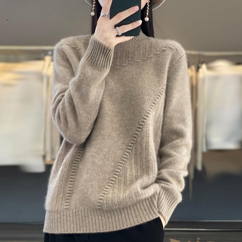 Women's Semi High Neck Thick Solid Color Sweater Pullover Casual Loose and Slimming Knitted Sweater